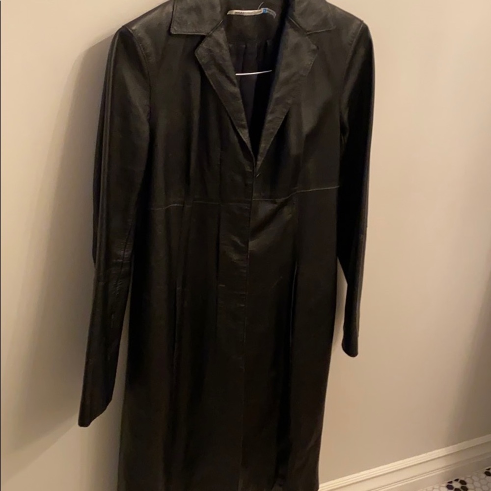 Max Studio black long leather trench coat sz 6 trending
